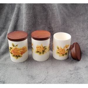 Set of 3 Ceramic Jars Yellow Roses Wood Lid Decor Knick Knack Trinket